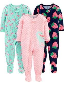 Simple Joys by Carter's Baby-Mädchen 3-Pack Loose Fit Flame Resistant Polyester Jersey Footed Pajamas Kleinkind Pajama-Sets, Dinosaurier/Erdbeerenaufdruck/Flamingo, 18 Monate (3er Pack) von Simple Joys by Carter's