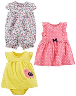 Simple Joys by Carter's Baby Mädchen 3-Pack Romper, Sunsuit Dress Infant-and-Toddler-Rompers, Gelb Vogel/Rosa Punkte/Weiß Floral, 0-3 Monate (3er Pack) von Simple Joys by Carter's