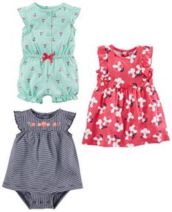 Simple Joys by Carter's Baby Mädchen 3-Pack Romper, Sunsuit Dress Infant-and-Toddler-Rompers, Marineblau Streifen/Minzgrün Kirschen/Rosa Floral, 12 Monate (3er Pack) von Simple Joys by Carter's