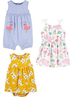 Simple Joys by Carter's Baby Mädchen 3-Pack Romper, Sunsuit and Dress Strampler, Blumen/Flamingo/Meereslebewesen, 0-3 Monate (3er Pack) von Simple Joys by Carter's