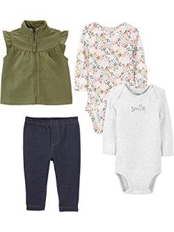 Simple Joys by Carter's Baby Mädchen 4-Piece Bodysuit and Vest Set Modische Weste, Grau/Indigo/Olivgrün/Weiß Floral, 0 Monate (4er Pack) von Simple Joys by Carter's