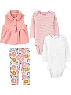 Simple Joys by Carter's Baby Mädchen 4-Piece Bodysuit and Vest Set Modische Weste, Rosa/Weiß Punkte/Floral/Streifen, 12 Monate (4er Pack) von Simple Joys by Carter's