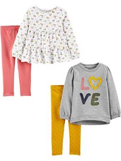 Simple Joys by Carter's Baby-Mädchen 4-Piece Long-Sleeve Shirts and Pants Playwear Set Hosenset, Gelb Punkte/Grau Love/Rosa/Weiß Floral, 12 Monate von Simple Joys by Carter's