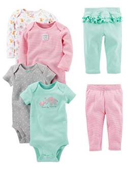 Simple Joys by Carter's Baby Mädchen 6-teiliges Set, Bodys (Kurz- und Langarm) und Hosen, Aquagrün Elefant/Grau Punkte/Rosa Streifen/Weiß Waldtiere, 0-3 Monate von Simple Joys by Carter's