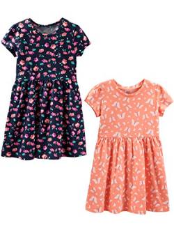 Simple Joys by Carter's Baby Mädchen Short-Sleeve and Sleeveless Dress Sets, Pack of 2 Freizeitkleid, Marineblau Floral/Pfirsich Schmetterlingmuster, 2 Jahre (2er Pack) von Simple Joys by Carter's