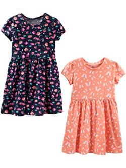 Simple Joys by Carter's Baby Mädchen Short-Sleeve and Sleeveless Dress Sets, Pack of 2 Lässiges Kleid, Marineblau Floral/Pfirsich Schmetterlingmuster, 3 Jahre (2er Pack) von Simple Joys by Carter's
