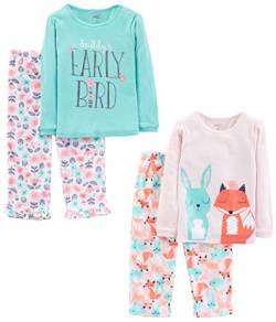 Simple Joys by Carter's Bambine e Ragazze 4-Piece Pajama (Cotton Top & Fleece Bottom) Pyjama-Set, Blau Textaufdruck/Hellrosa Floral/Rosa Waldtiere, 3 Jahre von Simple Joys by Carter's