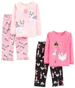 Simple Joys by Carter's Bambine e Ragazze 4-Piece Pajama (Cotton Top & Fleece Bottom) Pyjama-Set, Hellrosa/Rosa Kuh/Schwarz Ballerina/Schwäne, 4 Jahre von Simple Joys by Carter's