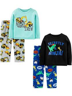 Simple Joys by Carter's Jungen 4-Piece Pajama (Cotton Top & Fleece Bottom) Pyjama-Set, Aquablau Lkws/Grau Konstruktion/Kobaltblau/Schwarz, 2 Jahre von Simple Joys by Carter's