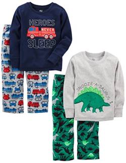 Simple Joys by Carter's Jungen 4-Piece Pajama (Cotton Top & Fleece Bottom) Pyjama-Set, Grau/Grün Dinosaurier/Feuerwehrauto/Helden, 4 Jahre von Simple Joys by Carter's