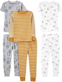 Simple Joys by Carter's Jungen 6-Piece Snug Fit Cotton Pajama Pyjama-Set, Gold Streifen/Grau Löwe/Weiß Tier, 4 Jahre (3er Pack) von Simple Joys by Carter's