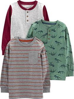 Simple Joys by Carter's Jungen Long-Sleeve Shirts, Pack of 3 Hemd, Dunkelgrau Streifen/Fichtengrün Dinosaurier/Grau Punkte, 2 Jahre (3er Pack) von Simple Joys by Carter's