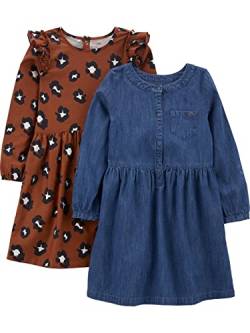 Simple Joys by Carter's Mädchen 2-Pack Long-Sleeve Dress Set Lässiges Kleid, Braun Gepard/Dunkles Jeansblau, 7 Jahre (2er Pack) von Simple Joys by Carter's