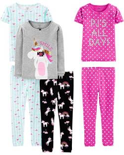 Simple Joys by Carter's Mädchen 6-Piece Snug Fit Cotton Pajama Pyjama-Set, Blau Schildkröte/Grau Meliert/Rosa Tupfen/Schwarz Einhorn, 3 Jahre (3er Pack) von Simple Joys by Carter's