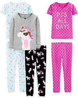 Simple Joys by Carter's Mädchen 6-Piece Snug Fit Cotton Pajama Pyjama-Set, Blau Schildkröte/Grau Meliert/Rosa Tupfen/Schwarz Einhorn, 4-5 Jahre (3er Pack) von Simple Joys by Carter's