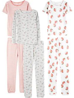 Simple Joys by Carter's Mädchen 6-Piece Snug Fit Cotton Pajama Pyjama-Set, Grau Floral/Rosa Streifen/Weiß Erdbeere, 4-5 Jahre (3er Pack) von Simple Joys by Carter's