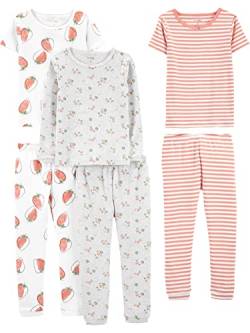 Simple Joys by Carter's Mädchen 6-Piece Snug Fit Cotton Pajama Pyjama-Set, Grau Floral/Rosa Streifen/Weiß Erdbeere, 4 Jahre (3er Pack) von Simple Joys by Carter's