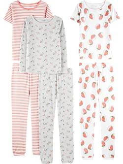 Simple Joys by Carter's Mädchen 6-Piece Snug Fit Cotton Pajama Pyjama-Set, Grau Floral/Rosa Streifen/Weiß Erdbeere, 6 Jahre (3er Pack) von Simple Joys by Carter's