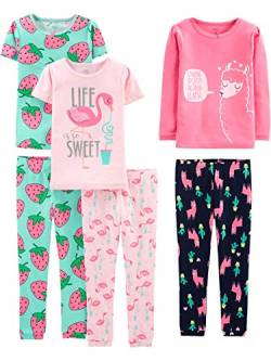 Simple Joys by Carter's Mädchen 6-Piece Snug Fit Cotton Pajama Pyjama-Set, Grün Strawberries/Marineblau/Rosa Flamingo/Rosé Lamaaufdruck, 5-6 Jahre (3er Pack) von Simple Joys by Carter's