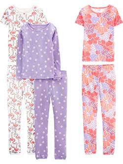 Simple Joys by Carter's Mädchen 6-Piece Snug Fit Cotton Pajama Pyjama-Set, Lila Punkte/Weiß Flamingo/Floral, 4-5 Jahre (3er Pack) von Simple Joys by Carter's