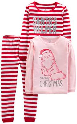 Simple Joys by Carter's Unisex Kinder 3-Piece Snug-Fit Cotton Christmas Pajama Pyjama-Set, Rosa Katze/Rot Streifen, 6 Jahre (3er Pack) von Simple Joys by Carter's
