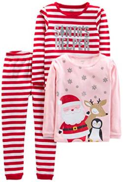 Simple Joys by Carter's Unisex Kinder 3-Piece Snug-Fit Cotton Christmas Pajama Pyjama-Set, Rosa Weihnachtsmann/Rot Streifen, 18 Monate (3er Pack) von Simple Joys by Carter's