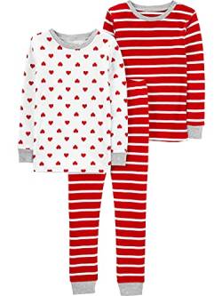 Simple Joys by Carter's Unisex-Kinder-Pyjama-Set, eng anliegende Passform, Baumwolle, 3 Stück, Rot gestreift/weiße Herzen, 4 von Simple Joys by Carter's