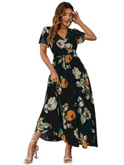 Simplee Maxikleid für Damen, Boho-Stil, Blumenmuster, fließend, lässig, V-Ausschnitt, kurze Ärmel, Hochzeit, Gäste, Urlaub, Strand, langes Kleid, 1#Schwarz-2, Groß von Simplee Apparel