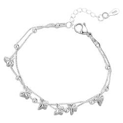 Armband Silber 925 für Damen Schmetterlinge Armband Rosegold Damen mit Perlen Verstellbare Layered Armband Mädchen Freundschaftsarmbänder Geschenke für Frauen, 17,7 Zoll von Simsky