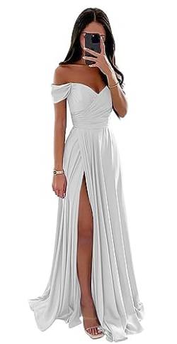 Damen Off Shoulder Satin Brautjungfernkleider Lang Split Elegant Formal Kleid Abendkleider A Linie Hochzeit Party Kleid von Sincemeet