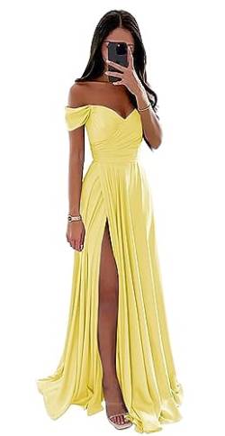 Damen Off Shoulder Satin Brautjungfernkleider Lang Split Elegant Formal Kleid Abendkleider A Linie Hochzeit Party Kleid von Sincemeet