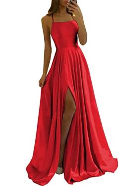 Damen Spaghetti Straps Satin Prom Dresses A-Linie Seitenschlitz Ballkleider Hochzeit Abendparty Kleid mit Taschen von Sincemeet