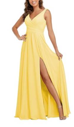 Sincemeet Damen Brautjungfernkleider V Ausschnitt Lange Chiffon Abendkleid mit Schlitz Cocktailkleid Elegant für Hochzeit von Sincemeet