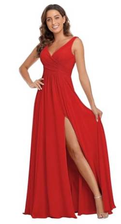 Sincemeet Damen Brautjungfernkleider V Ausschnitt Lange Chiffon Abendkleid mit Schlitz Cocktailkleid Elegant für Hochzeit von Sincemeet