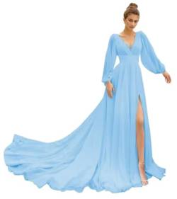 Sincemeet Damen Brautjungfernkleider mit Langen Ärmeln Chiffon mit tiefem V-Ausschnitt Formelles Kleid mit Schlitz von Sincemeet