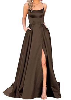 Sincemeet Elegant Spaghettiträger Satin Abendkleid Seitenschlitz Brautjunfernkleid Lang Rückenfrei Cocktailkleid Mit Taschen von Sincemeet