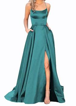 Sincemeet Elegant Spaghettiträger Satin Abendkleid Seitenschlitz Brautjunfernkleid Lang Rückenfrei Cocktailkleid Mit Taschen von Sincemeet