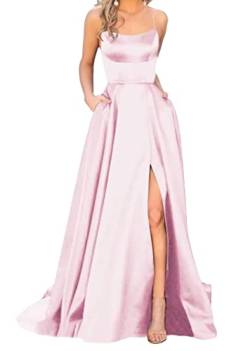 Sincemeet Elegant Spaghettiträger Satin Abendkleid Seitenschlitz Brautjunfernkleid Lang Rückenfrei Cocktailkleid Mit Taschen von Sincemeet