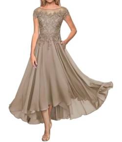 Teelänge Mutter der Braut Kleid Spitze Lang Formal Abendkleid Chiffon Hochzeit Gastkleider für Kurzarm von Sincemeet