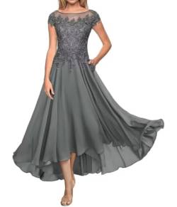 Teelänge Mutter der Braut Kleid Spitze Lang Formal Abendkleid Chiffon Hochzeit Gastkleider für Kurzarm von Sincemeet