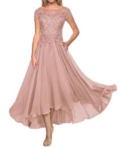 Teelänge Mutter der Braut Kleid Spitze Lang Formal Abendkleid Chiffon Hochzeit Gastkleider für Kurzarm von Sincemeet