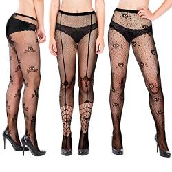 3 Paar Schwarze Halloween Netzstrumpfhosen Damen Halloween Strümpfe Totenkopf Muster Spinnennetz Strumpfhose Gotische Schwarze Fischnetz Strumpfhosen für Mädchen Frauen Kostüm von Sintege