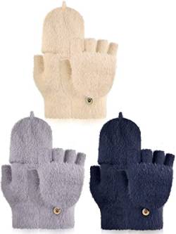 3 Paar Wandelbar Fingerlos Handschuhe Strick Handschuhe mit Klappe Warm Wolle Fäustling für Damen (Blau, Khaki, Rot Grau) von Sintege