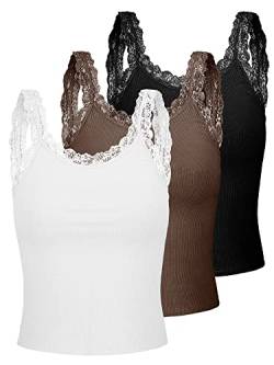 3 Stück Damen Spitze Patchwork Tank Top Spitze Camisole Tank Tops Ärmellos Cami Crop Spitzenbesatz Y2k Tops, Schwarz, Weiß, Kaffee, Mittel von Sintege