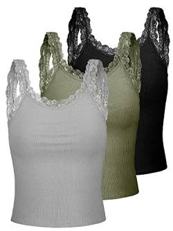 3 Stück Spitzen Trägerhemden Y2K Camisole Tank Tops Damen Ärmellose Spitzen Unterhemden (Grau, Armeegrün, Schwarz, XL) von Sintege