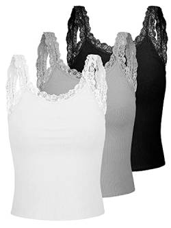 3 Stück Spitzen Trägerhemden Y2K Camisole Tank Tops Damen Ärmellose Spitzen Unterhemden (Schwarz, Weiß, Grau, L) von Sintege