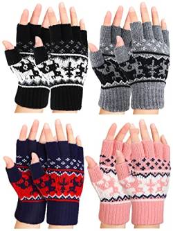 4 Paar Winter Fingerlos Handschuhe Halbfinger Handschuhe Streifen Stretch Strickhandschuhe für Damen Herren (Elch Stil) von Sintege