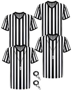 4er Pack Schwarz Weiß Gestreifte Schiedsrichter Shirts mit Pfeifen Herren Offizielle Schiedsrichter Shirts mit V-Ausschnitt Basketball Fußball Schiedsrichter Trikot Kostüm (XXL) von Sintege