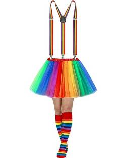 Sintege 3-teiliges Damen-Tutu-Kostüm, 3-lagiger Tüll-Tutu-Rock, Y-Rücken, verstellbare elastische Riemen, gestreifte Socken, Regenbogen, Einheitsgröße von Sintege