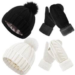 Sintege 4 Stück Winter Mützen Handschuhe Strick Set Dick Warm Fäustlinge und Satin Gefüttert Bommelmützen (Weiß, Schwarz) von Sintege